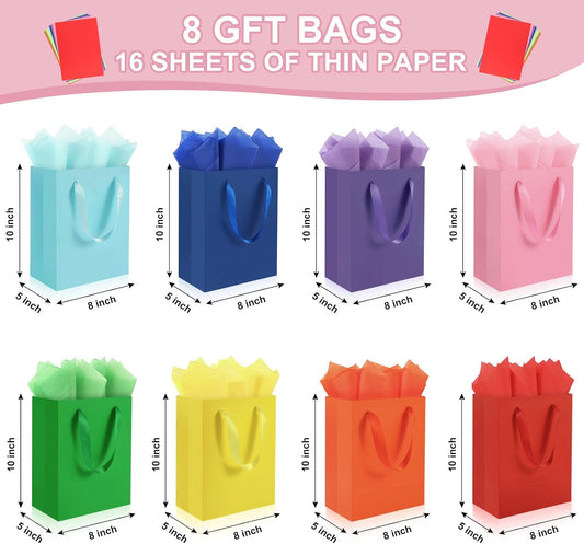 4 Pack Pink Gift Bags Handles and 8 Tissue Paper, Medium Size 8 X 5 X10 Inch Paper Bag for Birthday Party, Baby Shower, Wedding Favors or Mother's Day