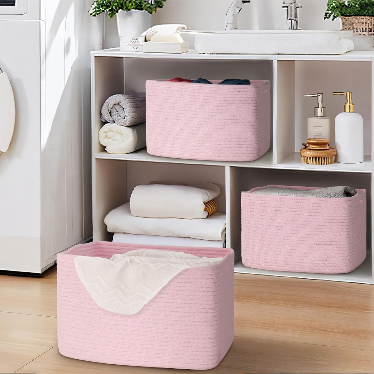 Baskets for Organizing,Storage Baskets,3 Pack Baskets for Shelfves,15"×10"×9" Woven Pink Basket,toy storage bins,bins for organization