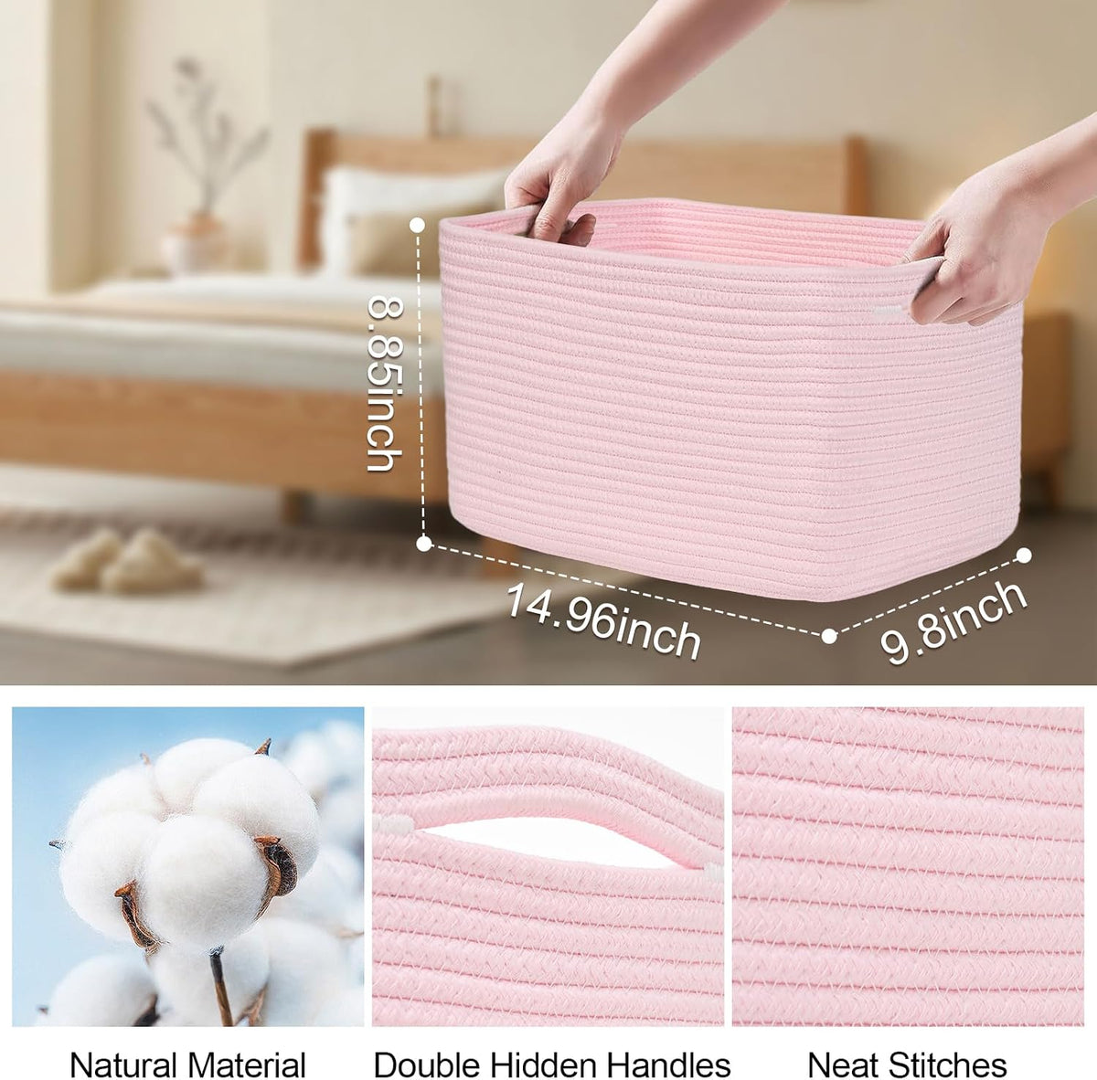 Baskets for Organizing,Storage Baskets,3 Pack Baskets for Shelfves,15"×10"×9" Woven Pink Basket,toy storage bins,bins for organization