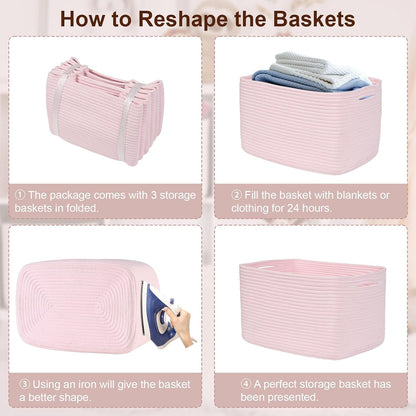 Baskets for Organizing,Storage Baskets,3 Pack Baskets for Shelfves,15"×10"×9" Woven Pink Basket,toy storage bins,bins for organization