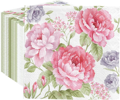 PAW - 100 Pack Floral Cocktail Napkins 5'' x 5'', Disposable Beverage Napkins with Pink Flowers Motive, Paper Towels for Wedding, Birthday, Bridal, Party, Decoupage, Decorative Supplies