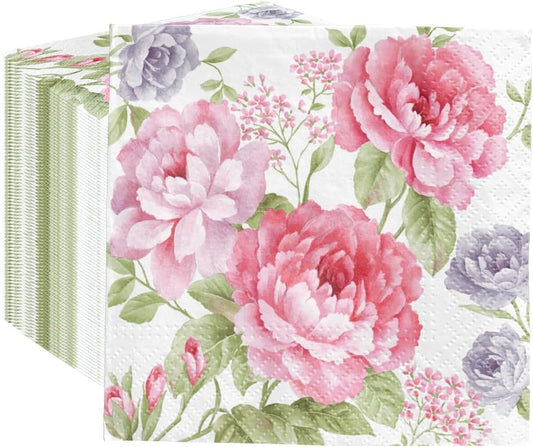 PAW - 100 Pack Floral Cocktail Napkins 5'' x 5'', Disposable Beverage Napkins with Pink Flowers Motive, Paper Towels for Wedding, Birthday, Bridal, Party, Decoupage, Decorative Supplies