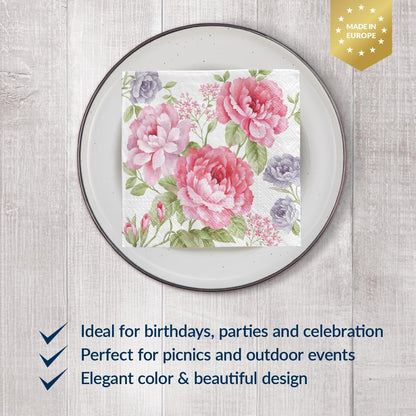 PAW - 100 Pack Floral Cocktail Napkins 5'' x 5'', Disposable Beverage Napkins with Pink Flowers Motive, Paper Towels for Wedding, Birthday, Bridal, Party, Decoupage, Decorative Supplies