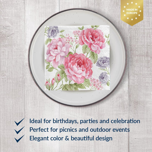 PAW - 100 Pack Floral Cocktail Napkins 5'' x 5'', Disposable Beverage Napkins with Pink Flowers Motive, Paper Towels for Wedding, Birthday, Bridal, Party, Decoupage, Decorative Supplies
