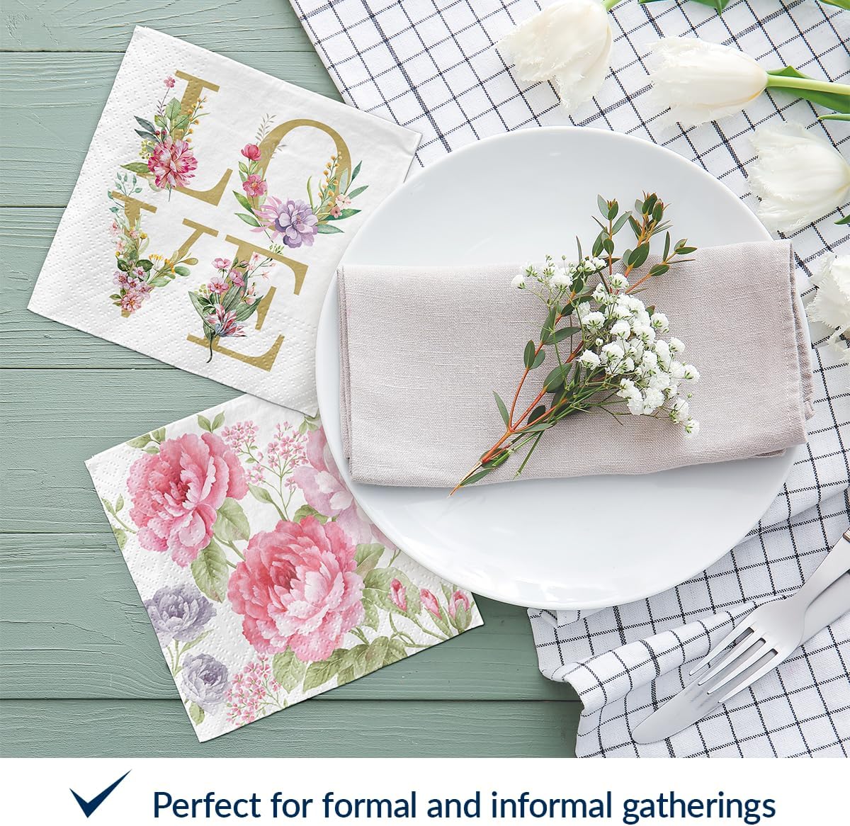 PAW - 100 Pack Floral Cocktail Napkins 5'' x 5'', Disposable Beverage Napkins with Pink Flowers Motive, Paper Towels for Wedding, Birthday, Bridal, Party, Decoupage, Decorative Supplies