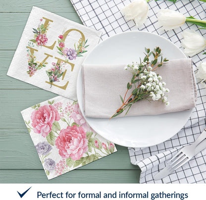 PAW - 100 Pack Floral Cocktail Napkins 5'' x 5'', Disposable Beverage Napkins with Pink Flowers Motive, Paper Towels for Wedding, Birthday, Bridal, Party, Decoupage, Decorative Supplies