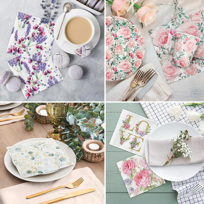 PAW - 100 Pack Floral Cocktail Napkins 5'' x 5'', Disposable Beverage Napkins with Pink Flowers Motive, Paper Towels for Wedding, Birthday, Bridal, Party, Decoupage, Decorative Supplies