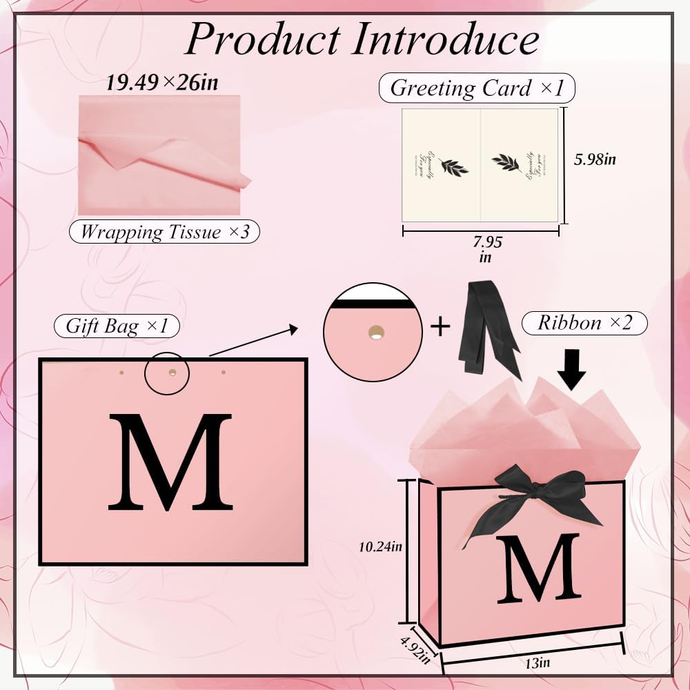 Personalized 13" Pink Initial M Gift Bags for Girls Women