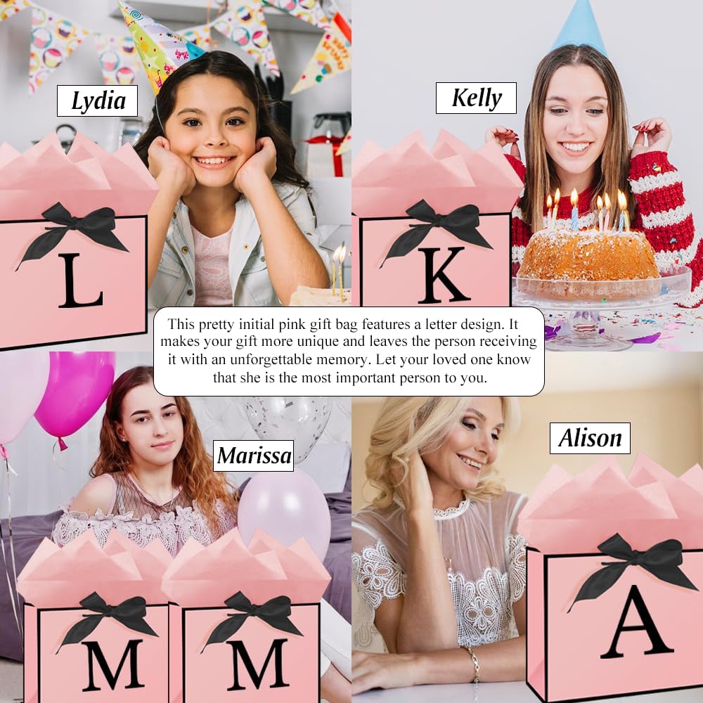 Personalized 13" Pink Initial M Gift Bags for Girls Women