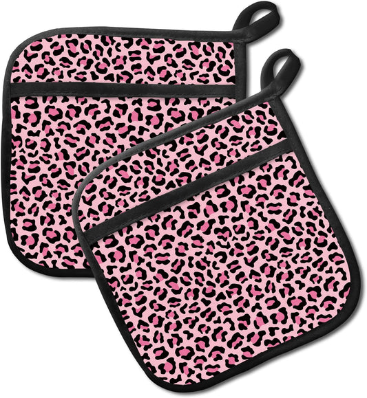 2 Pack Pot Holders for Kitchen Clearance, Cute Hot Pads, Funny Oven Pot Holders, Potholders Sets for Kitchen Heat Resistant Pink Leopard Print