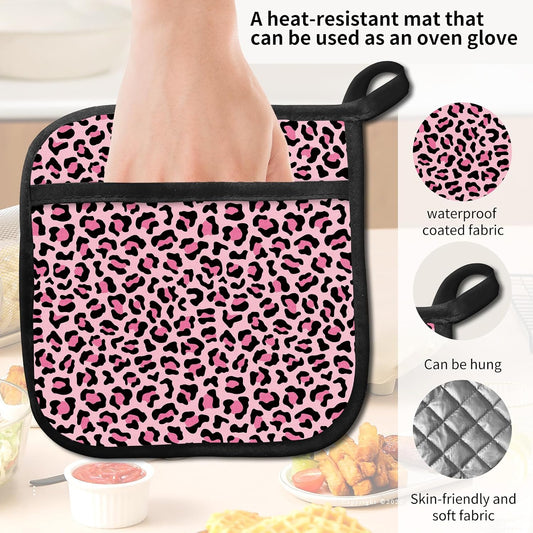 2 Pack Pot Holders for Kitchen Clearance, Cute Hot Pads, Funny Oven Pot Holders, Potholders Sets for Kitchen Heat Resistant Pink Leopard Print