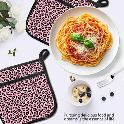 2 Pack Pot Holders for Kitchen Clearance, Cute Hot Pads, Funny Oven Pot Holders, Potholders Sets for Kitchen Heat Resistant Pink Leopard Print