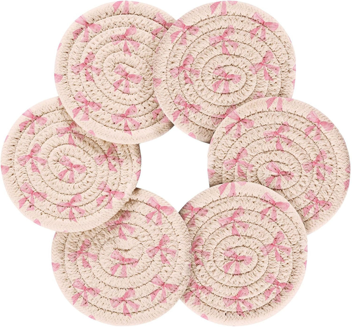 Pink Bow Cotton Cup Coasters with Holder Absorbent Drink Coasters Set for CoffeeTabletop Protection Housewarming Gift Home Decor 6 Pcs