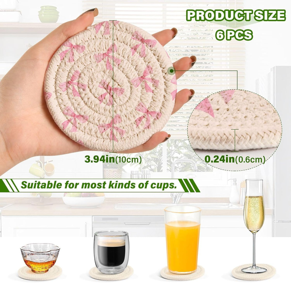 Pink Bow Cotton Cup Coasters with Holder Absorbent Drink Coasters Set for CoffeeTabletop Protection Housewarming Gift Home Decor 6 Pcs