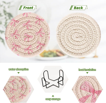 Pink Bow Cotton Cup Coasters with Holder Absorbent Drink Coasters Set for CoffeeTabletop Protection Housewarming Gift Home Decor 6 Pcs