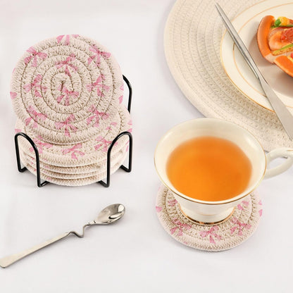 Pink Bow Cotton Cup Coasters with Holder Absorbent Drink Coasters Set for CoffeeTabletop Protection Housewarming Gift Home Decor 6 Pcs