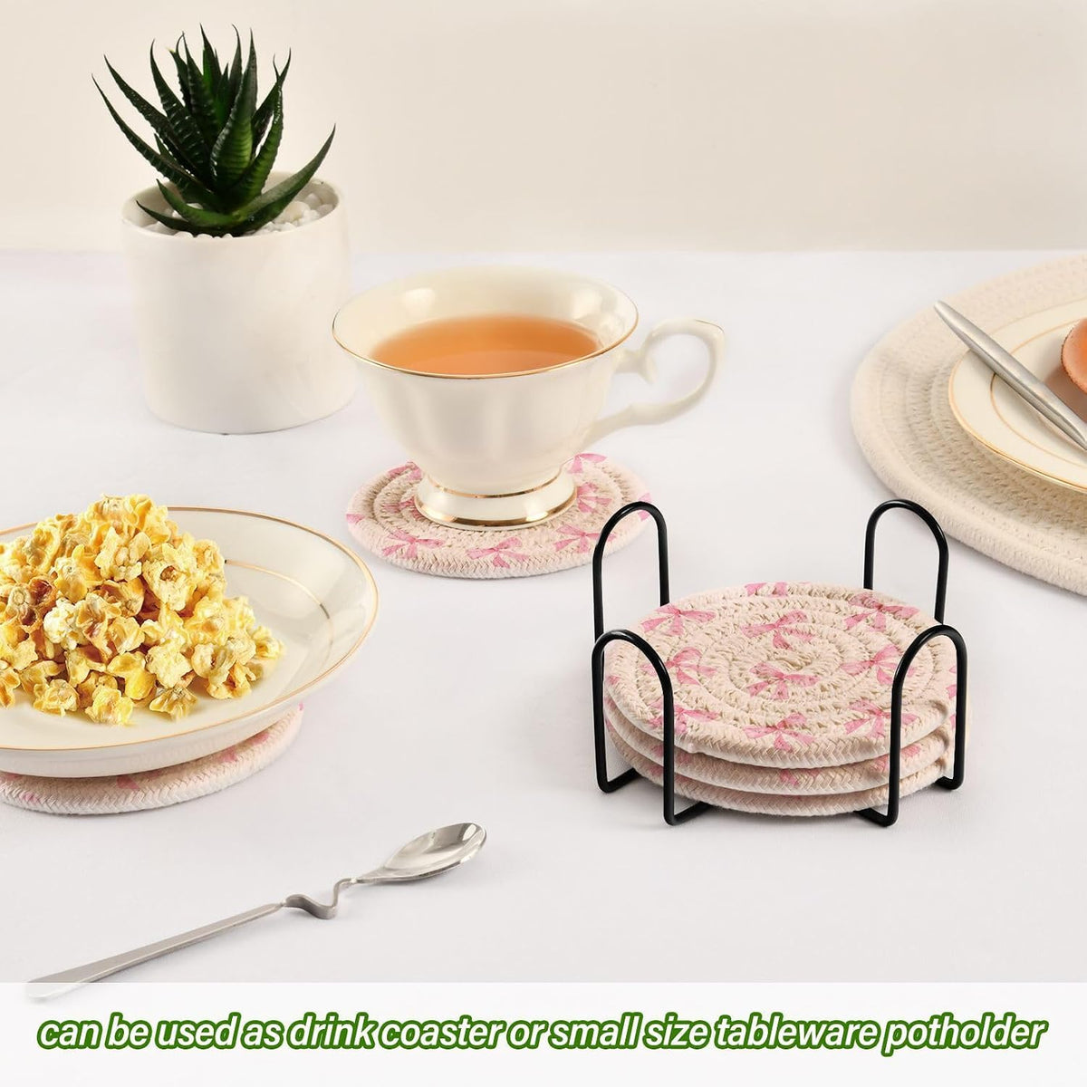 Pink Bow Cotton Cup Coasters with Holder Absorbent Drink Coasters Set for CoffeeTabletop Protection Housewarming Gift Home Decor 6 Pcs