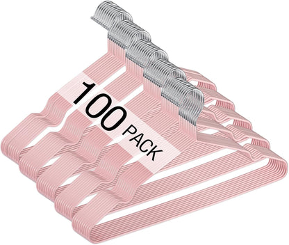 Wesiti 100 Pcs Metal Wire Non Slip Hangers for Clothes Space Saving Hanger Strong 15.7 in Triangle Clothes Coat Suit Bridal Boutique Dress for Closet Dorm Rack(Pink)