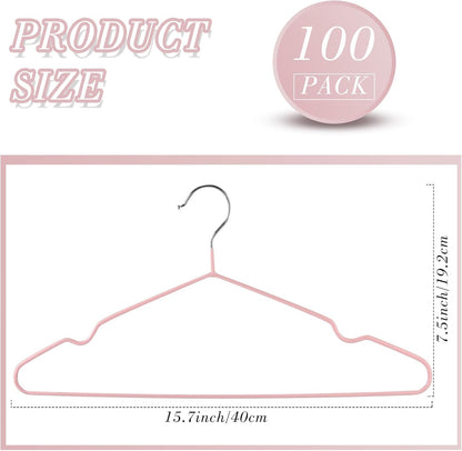 Wesiti 100 Pcs Metal Wire Non Slip Hangers for Clothes Space Saving Hanger Strong 15.7 in Triangle Clothes Coat Suit Bridal Boutique Dress for Closet Dorm Rack(Pink)