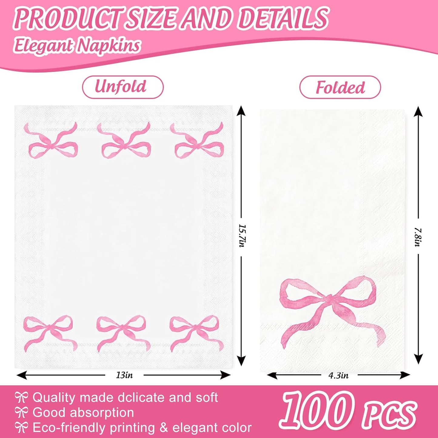 FYSUIMU 100Pcs Pink Bow Paper Guest Napkins Watercolor Bowknot Bathroom Napkin Disposable Hand Towel Napkin for Home Party Supplies