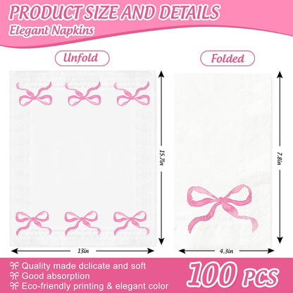 FYSUIMU 100Pcs Pink Bow Paper Guest Napkins Watercolor Bowknot Bathroom Napkin Disposable Hand Towel Napkin for Home Party Supplies