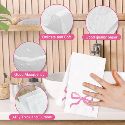 FYSUIMU 100Pcs Pink Bow Paper Guest Napkins Watercolor Bowknot Bathroom Napkin Disposable Hand Towel Napkin for Home Party Supplies