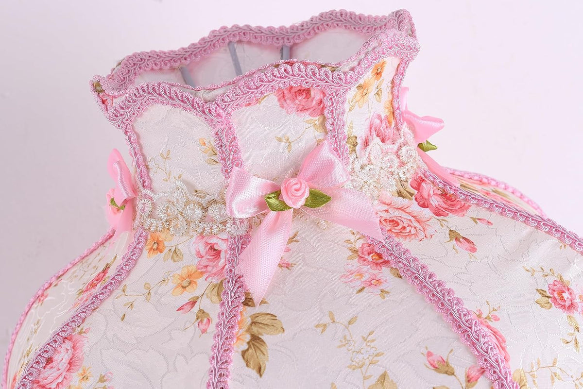 Victorian Style Table Lamp Pink Lace Fabric Lampshade Hand-Made Antique Painted Resin Lamp Body Princess Small Lamp for Living Room Bedroom,13" W, 22" H. (Q7)