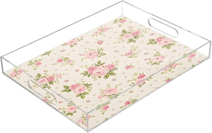 Pink Roses Serving Tray 12" x 16" Acrylic Trays with Handles Decorative Serving Platter for Coffee, Breakfast in Bed, Dinner, Appetizers, Patio, Party