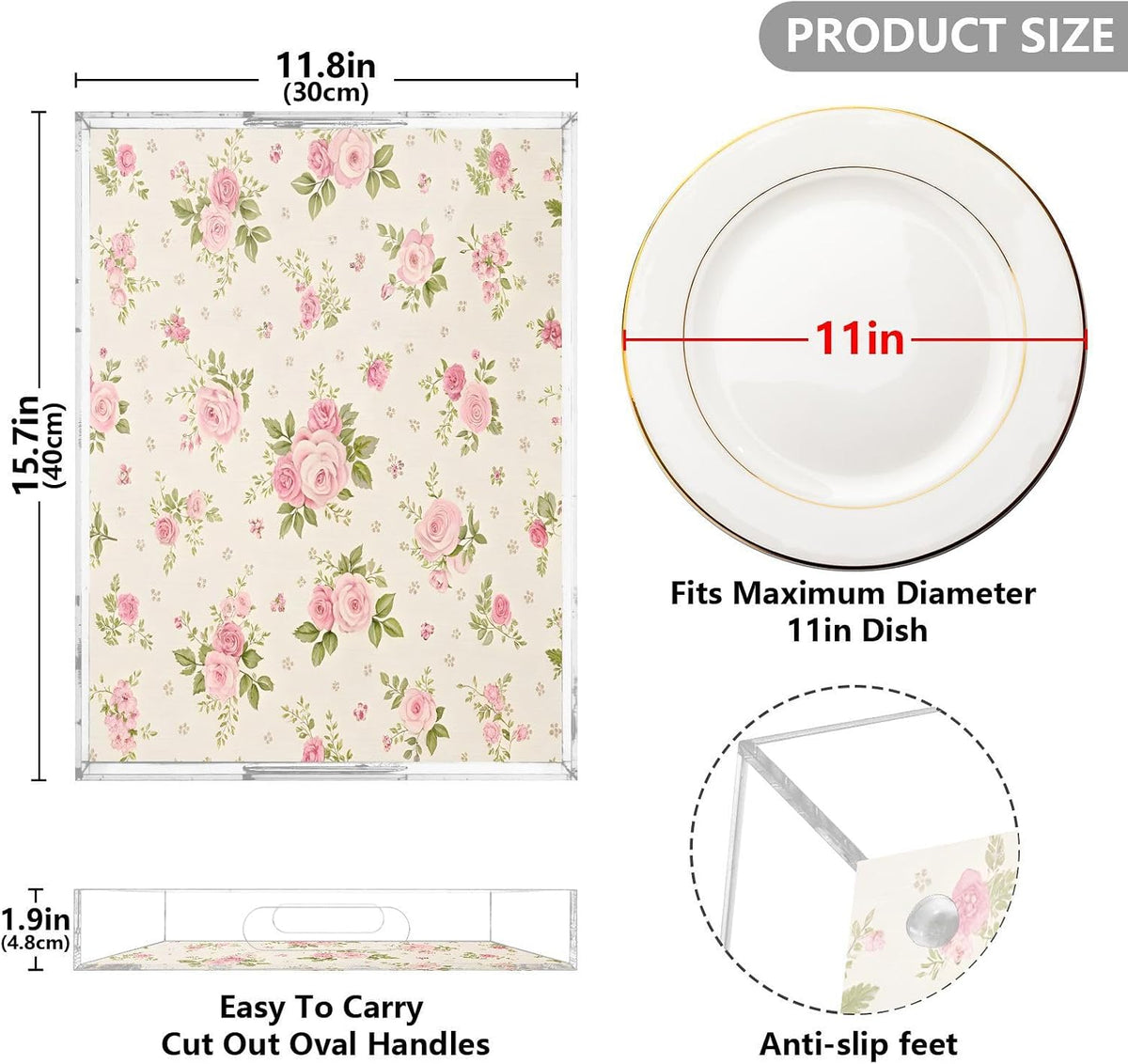 Pink Roses Serving Tray 12" x 16" Acrylic Trays with Handles Decorative Serving Platter for Coffee, Breakfast in Bed, Dinner, Appetizers, Patio, Party