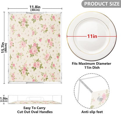 Pink Roses Serving Tray 12" x 16" Acrylic Trays with Handles Decorative Serving Platter for Coffee, Breakfast in Bed, Dinner, Appetizers, Patio, Party