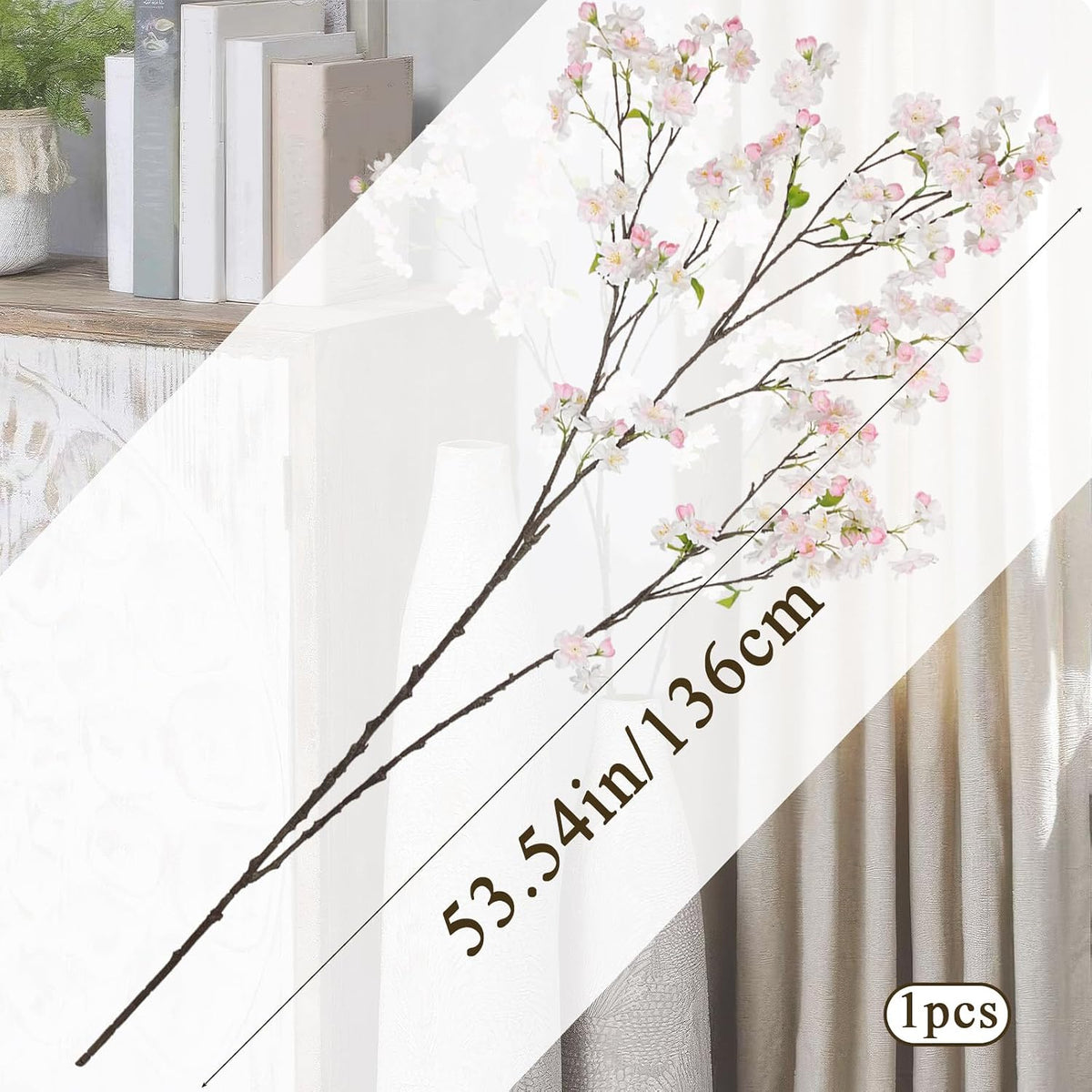 Cherry Blossom Branches Long Stem Artificial Flowers for Tall Vase Silk Flower Bulk White and Pink Plum Blossom Flowers for Indoor Home Decor Bedroom Floral Arrangement Table Centerpieces
