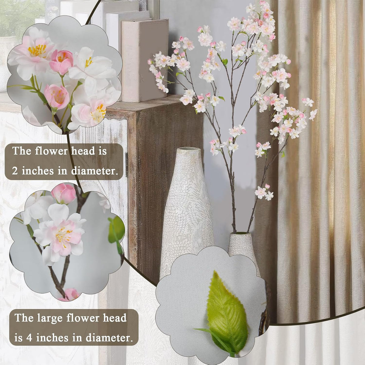 Cherry Blossom Branches Long Stem Artificial Flowers for Tall Vase Silk Flower Bulk White and Pink Plum Blossom Flowers for Indoor Home Decor Bedroom Floral Arrangement Table Centerpieces