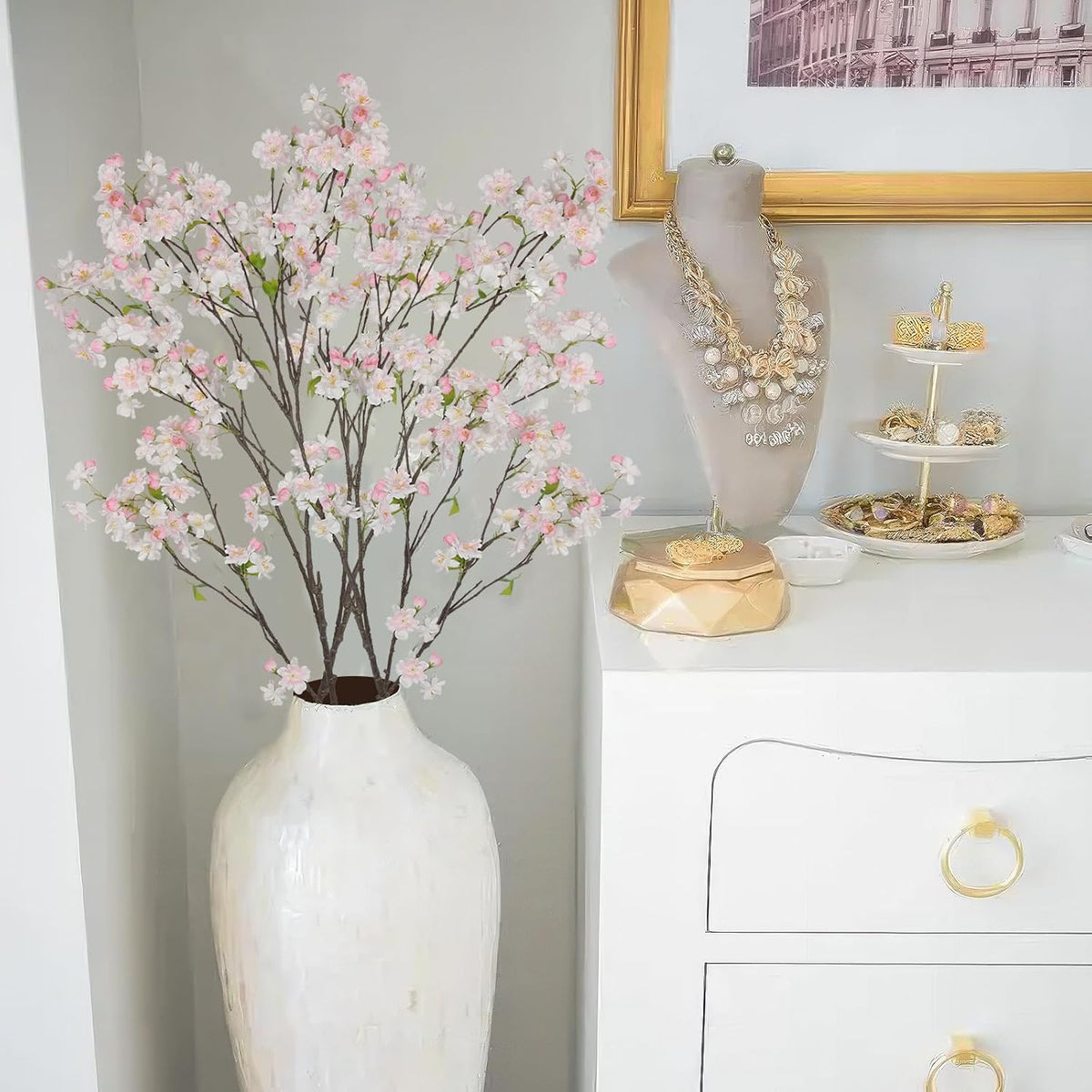 Cherry Blossom Branches Long Stem Artificial Flowers for Tall Vase Silk Flower Bulk White and Pink Plum Blossom Flowers for Indoor Home Decor Bedroom Floral Arrangement Table Centerpieces