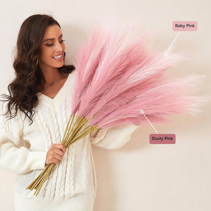 Pink Pampas Grass Decor, 9 PCS 37''/3.1FT Tall Fluffy Faux Pompas Floral, Large Artificial Pompous Grass Branches for Floor Vase Fillers, Boho Farmhouse Room Wedding Décor（Pink）