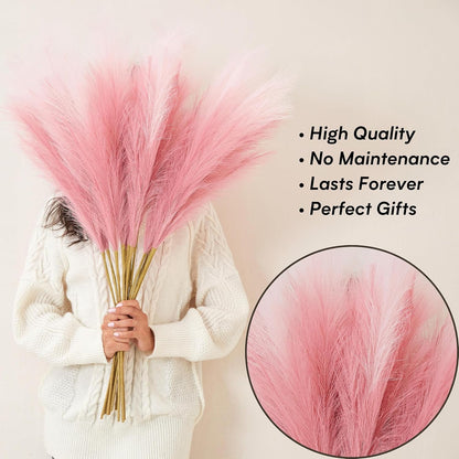 Pink Pampas Grass Decor, 9 PCS 37''/3.1FT Tall Fluffy Faux Pompas Floral, Large Artificial Pompous Grass Branches for Floor Vase Fillers, Boho Farmhouse Room Wedding Décor（Pink）
