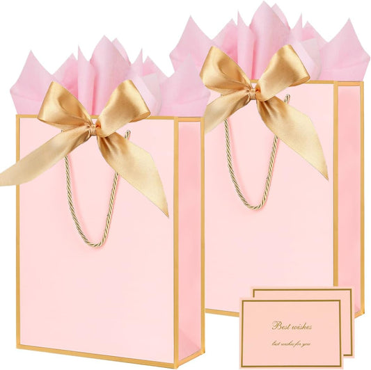 Gift Bags for Presents, 2 Pack Medium Paper Bags with Bow Ribbon Tissue Paper Cards Thank You Gift Bag with Handles for Christmas Holiday Birthday Shopping Bags(Pink,Gold)