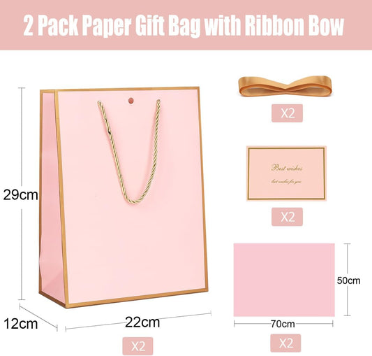 Gift Bags for Presents, 2 Pack Medium Paper Bags with Bow Ribbon Tissue Paper Cards Thank You Gift Bag with Handles for Christmas Holiday Birthday Shopping Bags(Pink,Gold)