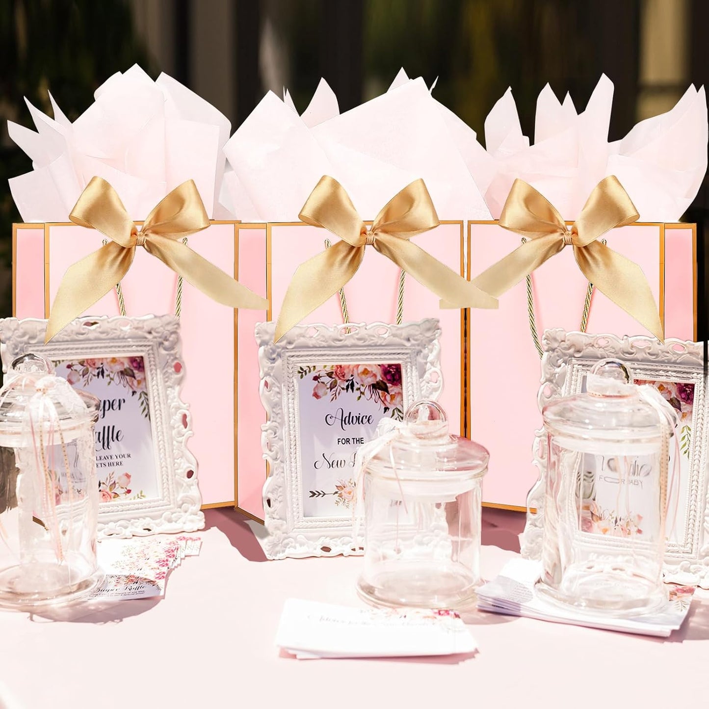 Gift Bags for Presents, 2 Pack Medium Paper Bags with Bow Ribbon Tissue Paper Cards Thank You Gift Bag with Handles for Christmas Holiday Birthday Shopping Bags(Pink,Gold)