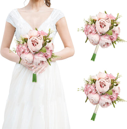 Blush Pink Bridesmaid Bouquets for Wedding, Set of 2 Artificial Silk Peonies Flowers Bouquet for Marriage Decorations