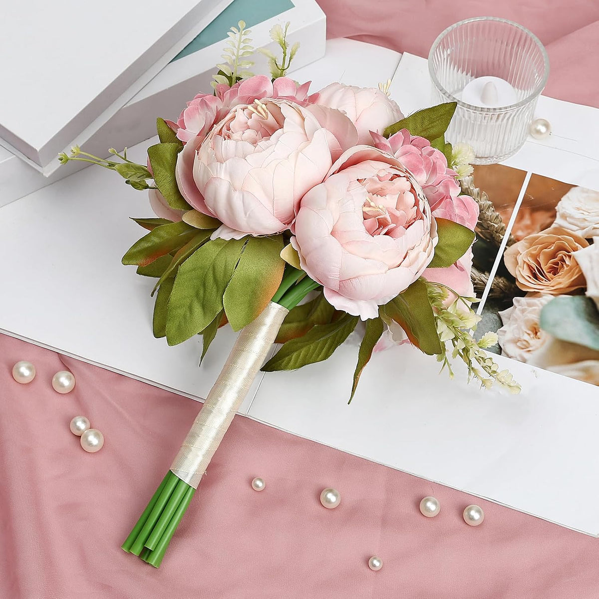 Blush Pink Bridesmaid Bouquets for Wedding, Set of 2 Artificial Silk Peonies Flowers Bouquet for Marriage Decorations