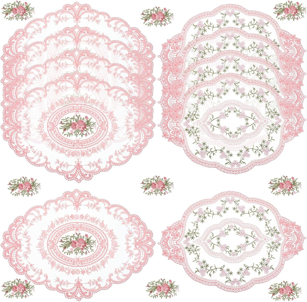 10 Pcs Pink Retro Lace Placemats French Style Retro Placemats Oval Embroidered Table Place Mats Pink Oval Place Mats Cup Mat, French Crochet Doilies for Wedding Home Decor, 12'' x 16''