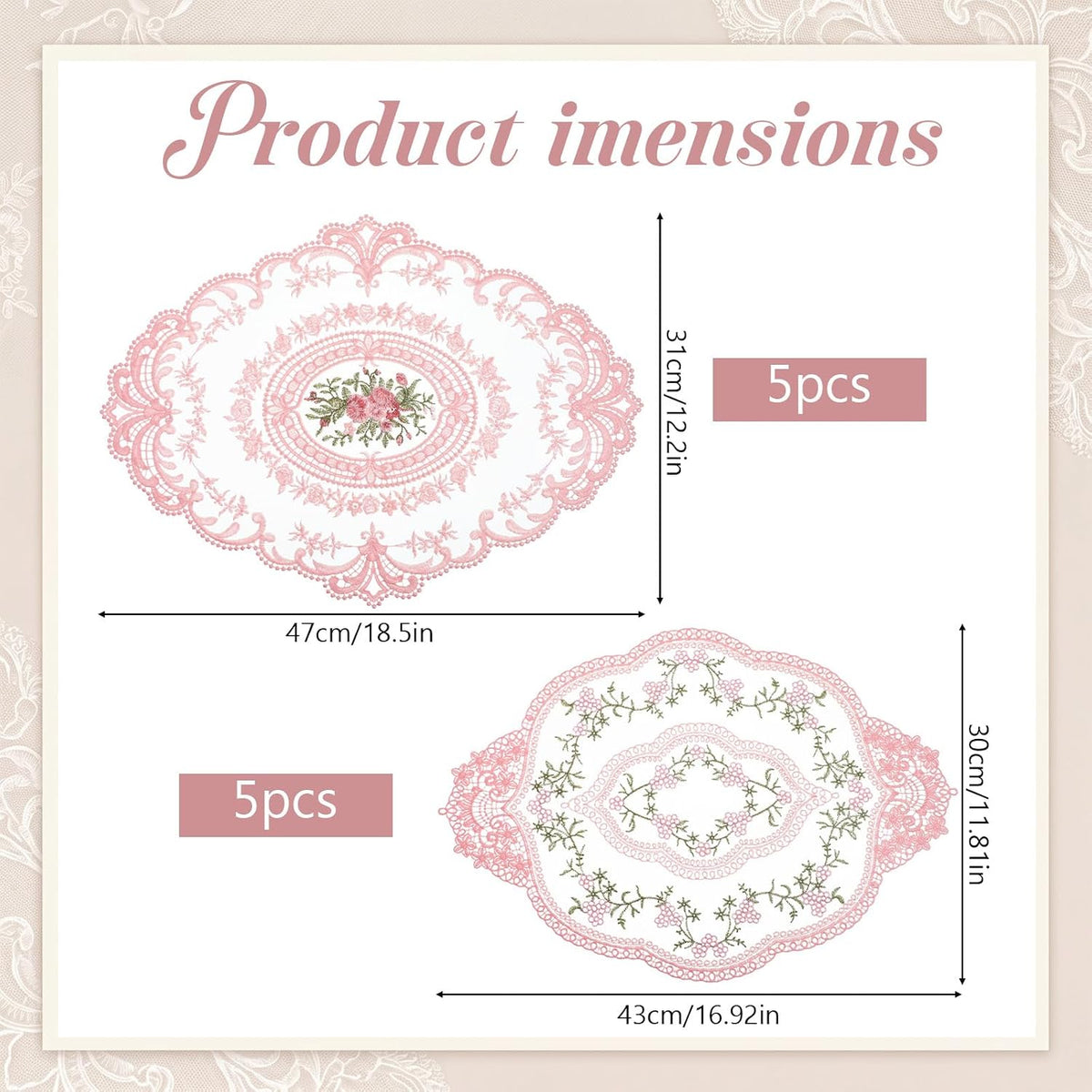 10 Pcs Pink Retro Lace Placemats French Style Retro Placemats Oval Embroidered Table Place Mats Pink Oval Place Mats Cup Mat, French Crochet Doilies for Wedding Home Decor, 12'' x 16''