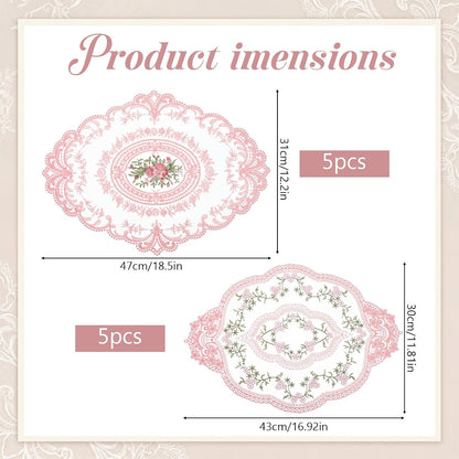 10 Pcs Pink Retro Lace Placemats French Style Retro Placemats Oval Embroidered Table Place Mats Pink Oval Place Mats Cup Mat, French Crochet Doilies for Wedding Home Decor, 12'' x 16''