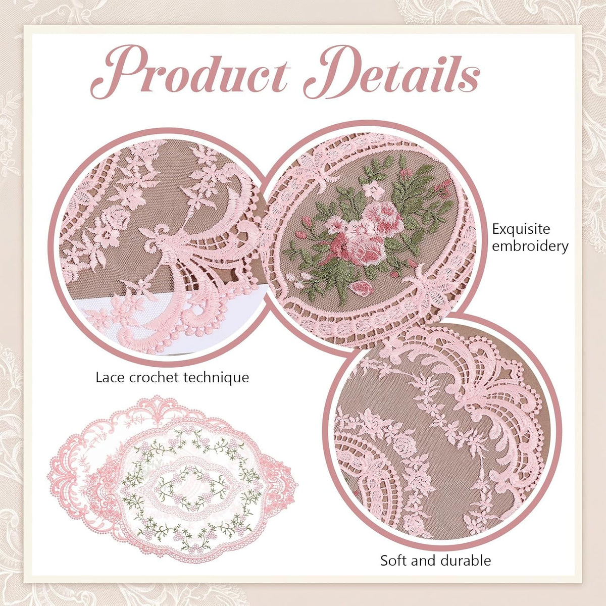 10 Pcs Pink Retro Lace Placemats French Style Retro Placemats Oval Embroidered Table Place Mats Pink Oval Place Mats Cup Mat, French Crochet Doilies for Wedding Home Decor, 12'' x 16''