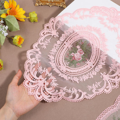 10 Pcs Pink Retro Lace Placemats French Style Retro Placemats Oval Embroidered Table Place Mats Pink Oval Place Mats Cup Mat, French Crochet Doilies for Wedding Home Decor, 12'' x 16''