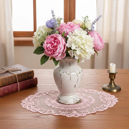 10 Pcs Pink Retro Lace Placemats French Style Retro Placemats Oval Embroidered Table Place Mats Pink Oval Place Mats Cup Mat, French Crochet Doilies for Wedding Home Decor, 12'' x 16''