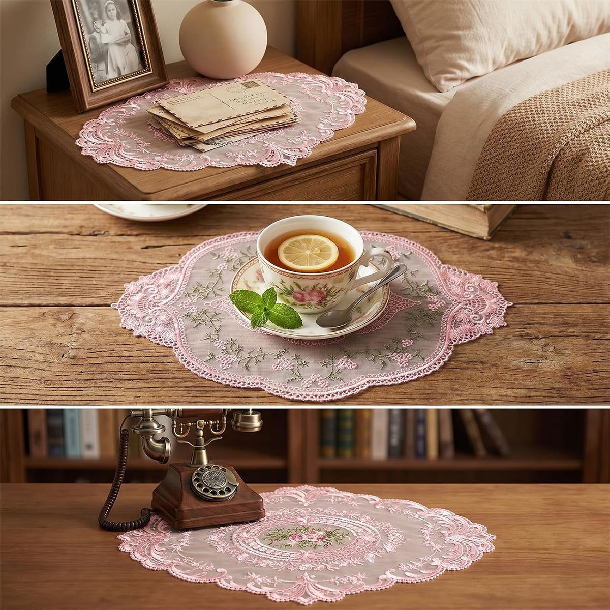 10 Pcs Pink Retro Lace Placemats French Style Retro Placemats Oval Embroidered Table Place Mats Pink Oval Place Mats Cup Mat, French Crochet Doilies for Wedding Home Decor, 12'' x 16''