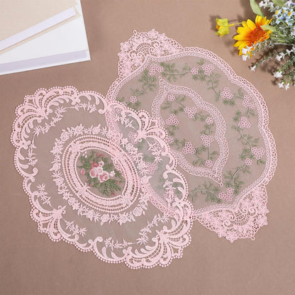 10 Pcs Pink Retro Lace Placemats French Style Retro Placemats Oval Embroidered Table Place Mats Pink Oval Place Mats Cup Mat, French Crochet Doilies for Wedding Home Decor, 12'' x 16''