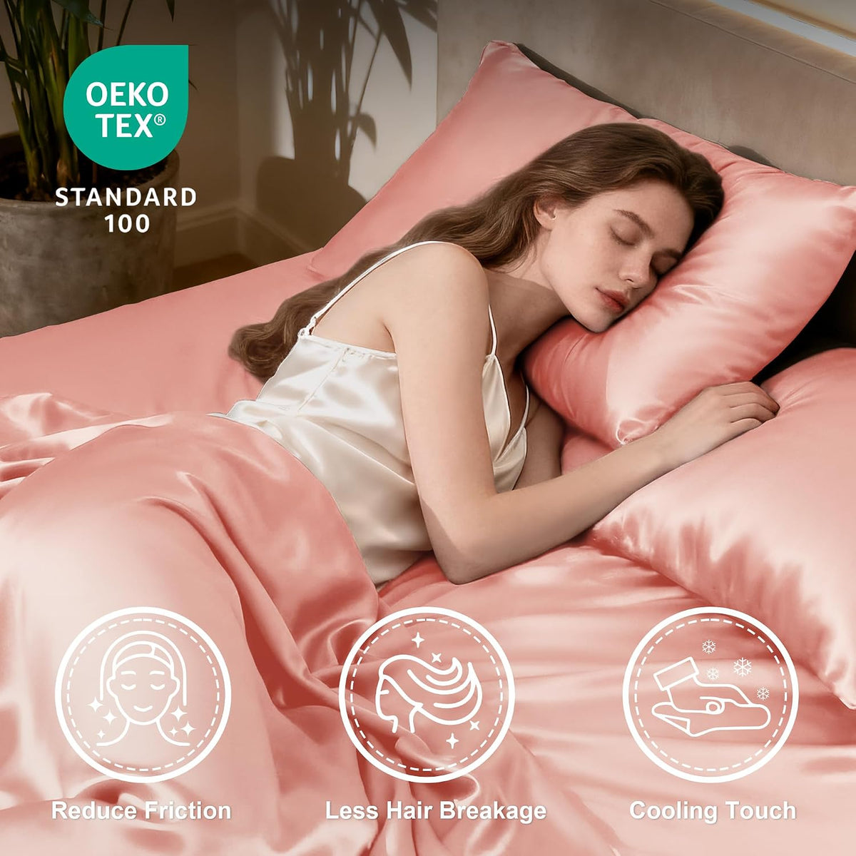 Satin Full Sheets Set, 4 Pieces, Coral, 15" Deep Pocket