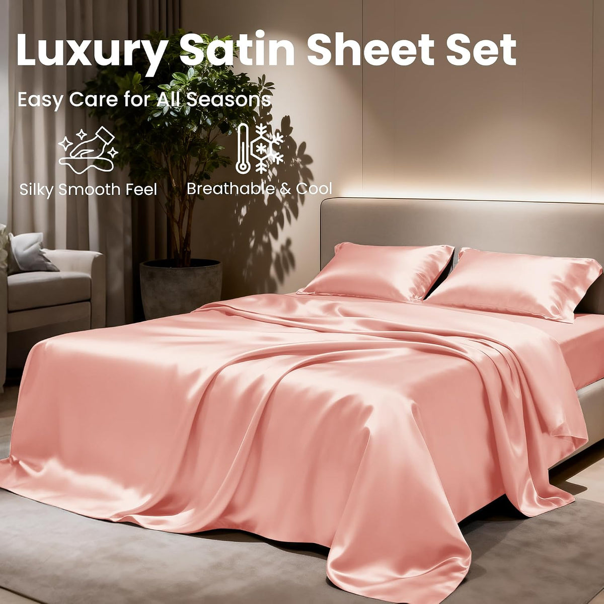 Satin Full Sheets Set, 4 Pieces, Coral, 15" Deep Pocket